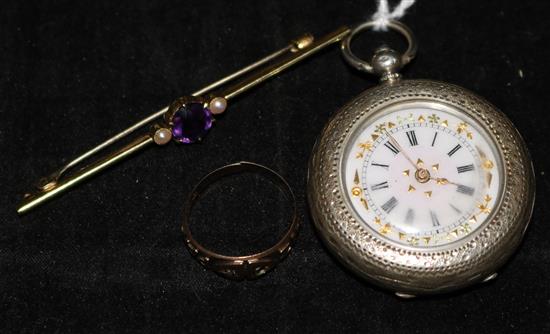 An amethyst and gold bar brooch, a gold Mizpah ring and a silver fob watch